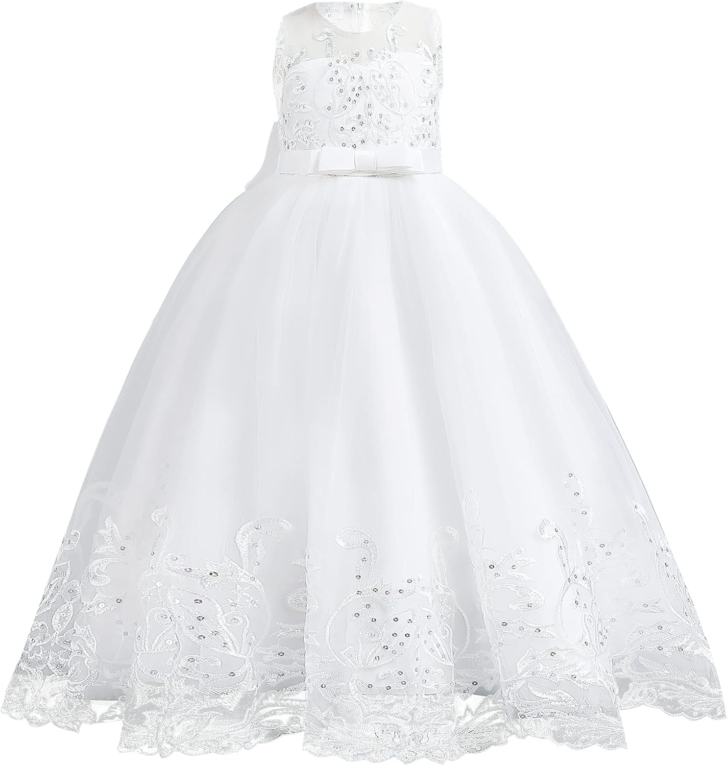 Flower Girl Lace Dress for Kids Wedding Bridesmaid Pageant Party Formal Long Gown Princess Communion Tulle Bow Dresses 9-10 Years White