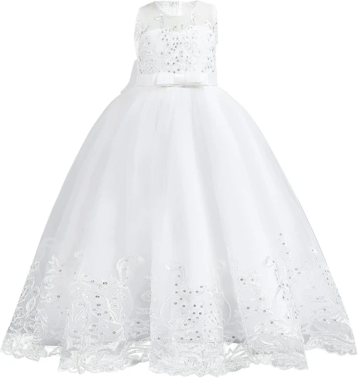 Flower Girl Lace Dress for Kids Wedding Bridesmaid Pageant Party Formal Long Gown Princess Communion Tulle Bow Dresses 9-10 Years White