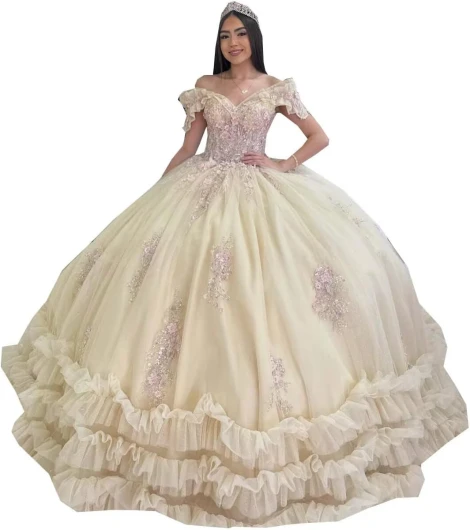 Elegant Flower Pearl Bead Ball Gown Satin Quinceanera Prom Homecoming Dresses with Sleeve 2025 Champagne/Pink 2