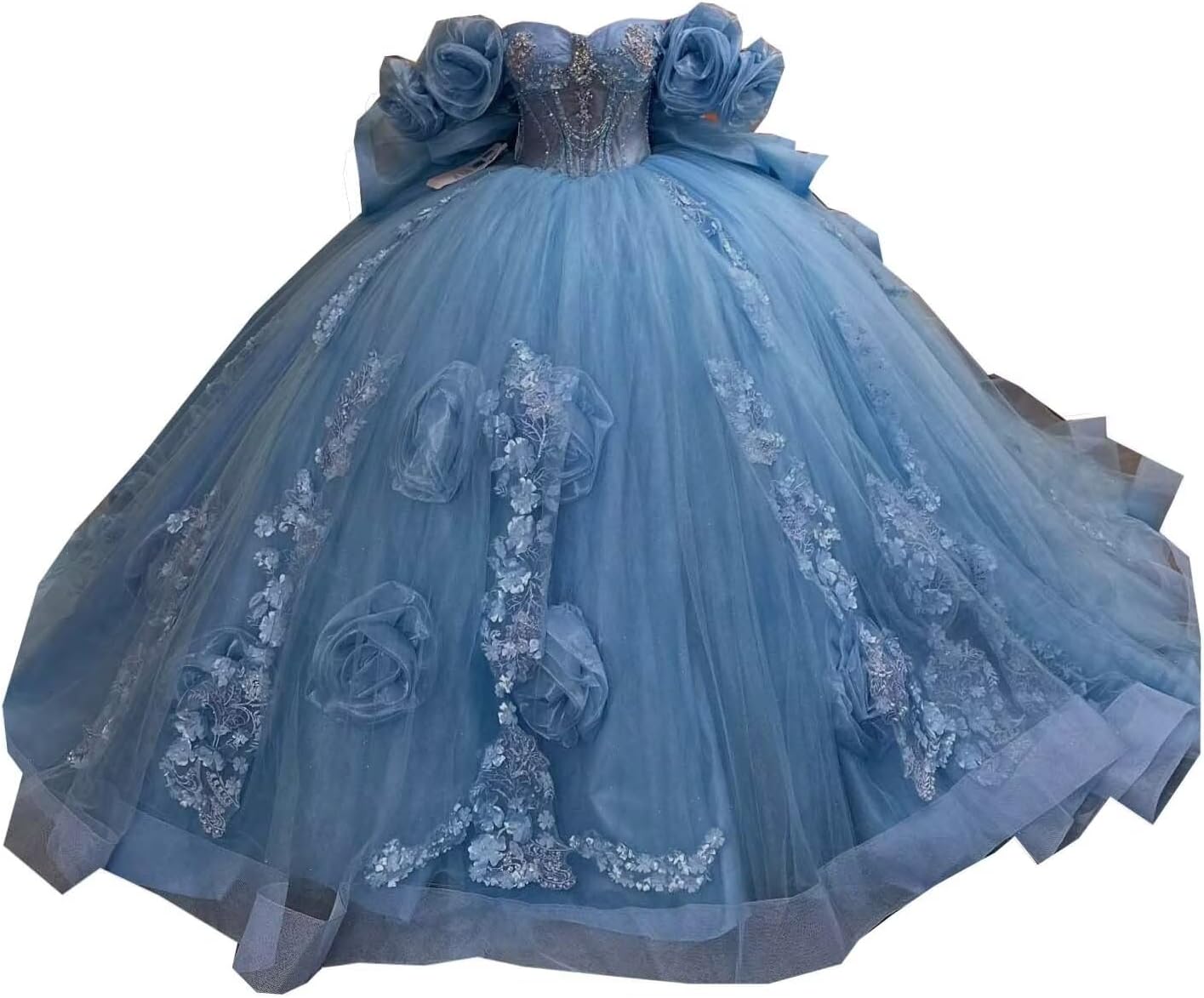 2025 Cute Handmade Flower Lace Off Shoulder Ball Gown Quinceanera Sweet 16 Party Dresses for Women Girls Baby Blue 8