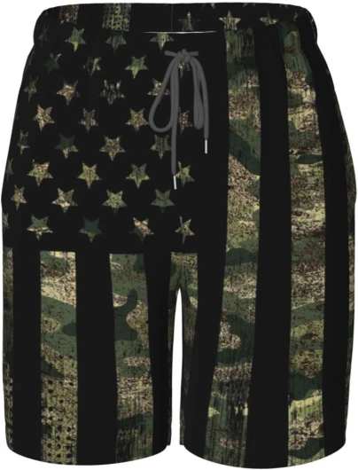 Boys Swim Trunks with Compression Liner Swim Shorts Swimwear Quick Dry Boy Bathing Suit Beach Swimsuit Toddler Medium Military Camo American Flag