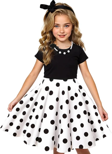 Tao-Ge Christmas Dresses for Girls Vintage Dress 50s 1950 Outfit Kids Girl Polka Dot Flower Checkered Party Dresses Size 6-12 10 Years Black Top/White Black Polka Dot
