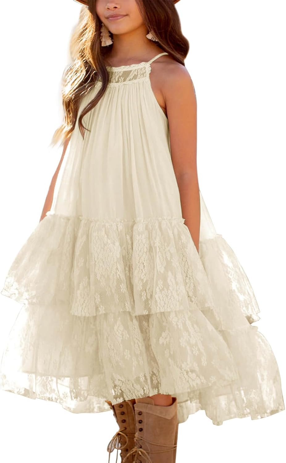 Girls Lace Backless Tulle Dress Halter Neck Boho Flower Girl Sleeveless Ruffle Swing Party Dress 13-14 Years Apricot