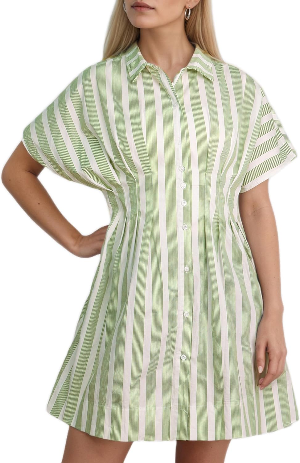 Striped Button Down Pleated Shirt Dress for Women Small Striped Green