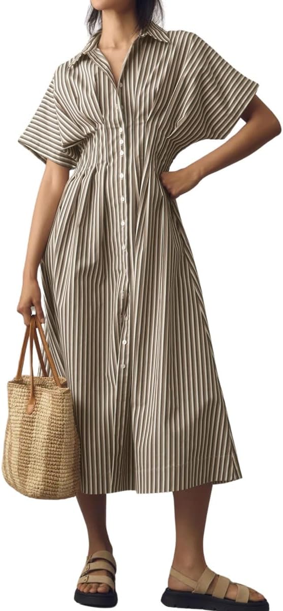 Women's Contrast Color Striped Shirt Dress Pleated Button Down Maxi Long Tunic Dress Large Brown