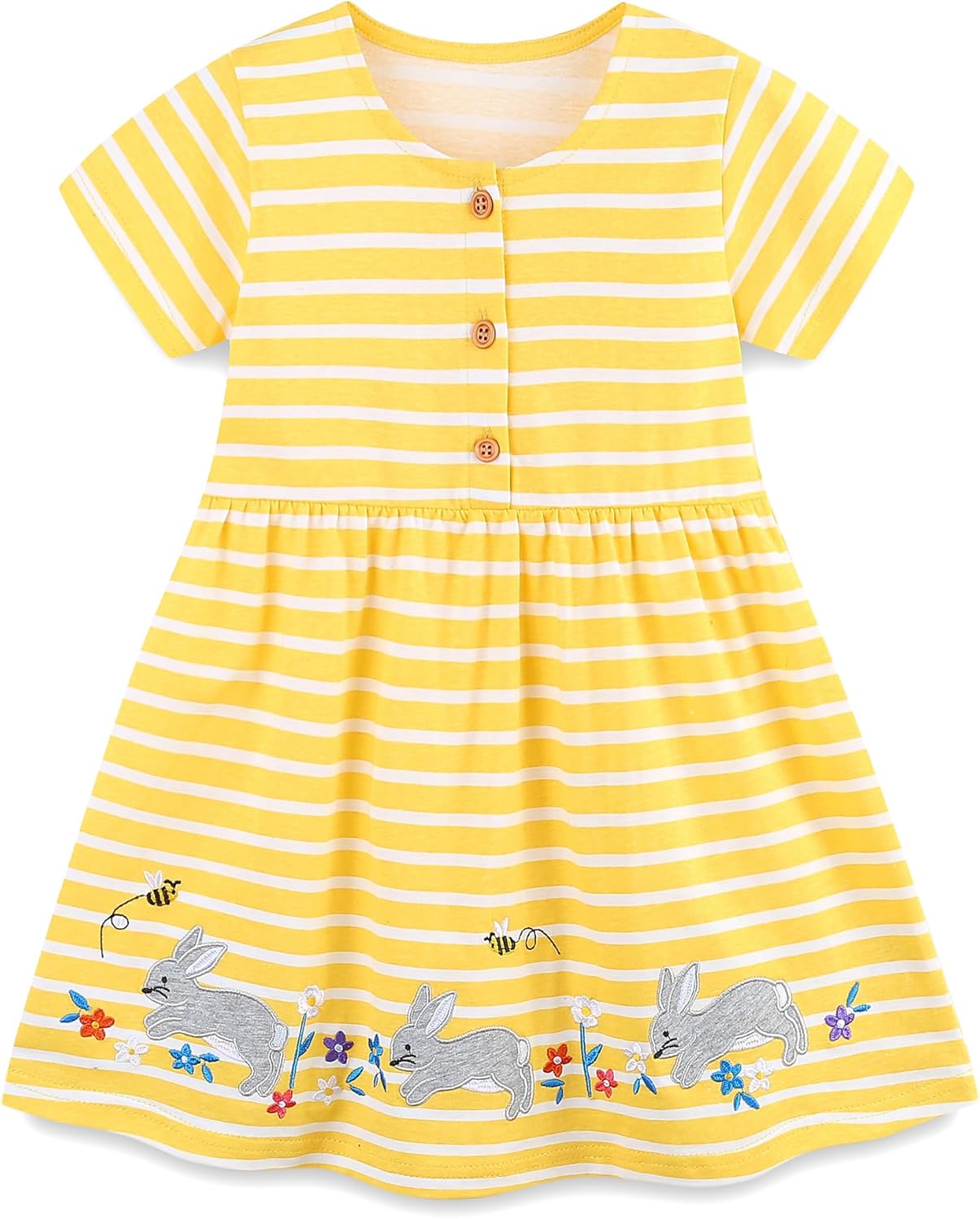 Toddler Girls Striped Summer Dress Cartoon Appliques Dresses Girls Cotton Casual Clothing 2-7Y 4T Rabbit Stripe