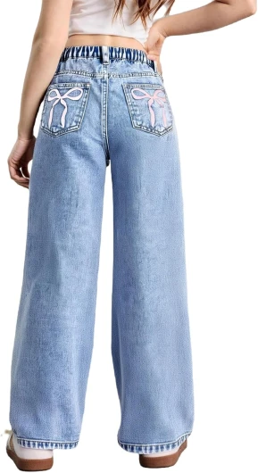 Girl's Bow Print Back Zipper Fly Elastic High Waist Denim Pants Basic Wide Leg Jeans 11 Years Blue