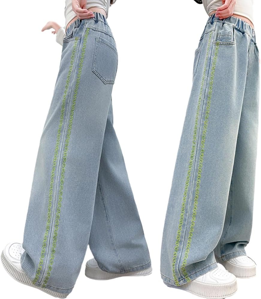 Tween Girls Baggy Jeans, Trendy Green Snake Embroidery Trim Denim Pants for Kids- Elastic Waisted Streetwear Pants 12 Years Blue