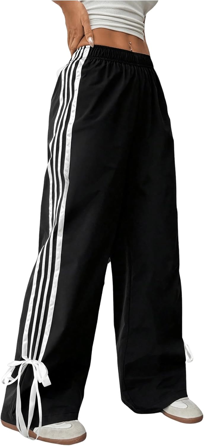 Girl's Baggy Pants Bow Parachute Pants Striped Wide Leg Sweatpants Track Joggers Hip Hop Dance 11 Years Black