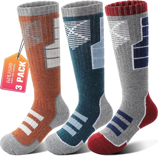 Kids Merino Wool Ski Socks 3 Pairs Girls Boys Thermal Winter Warm Thick Breathable Socks for Skiing Snowboarding 8-12 Years Red / Orange / Green a