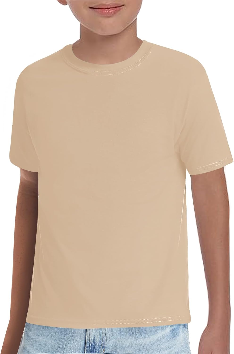 Boys T-Shirts Kids Short Sleeve Crewneck Solid Basic Tees Casual Tops 5-14 Years Beige 9-10 Years