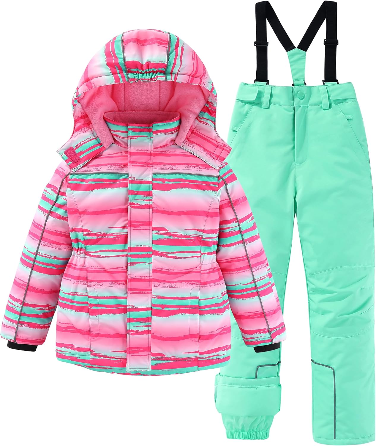 Girls Thicken Warm Hooded Striped Ski Snowsuit Jacket & Pants 10-12 Mint Green