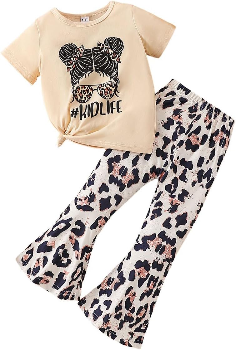 Kids Toddler Girl Clothes Letter Print Graphic Top + Leopard Print Flare Leg Pants 2PC Summer Clothing Set 6-7T Beige-b