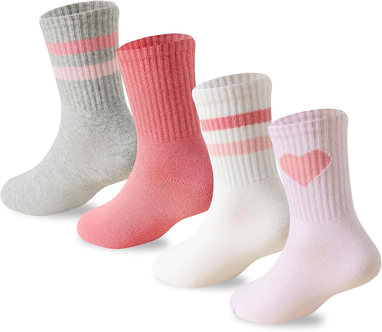 Girls Socks Kids Pink Crew Athletic Socks with Hearts Striped 4 Pairs for Children 4-12 Years Pink Hearts 7-10 Years