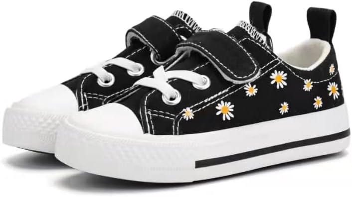 Boys and Girls Canvas Kid Shoes Adjustable Design Fashion Casual Sneakers 12 Little Kid Black Daisy