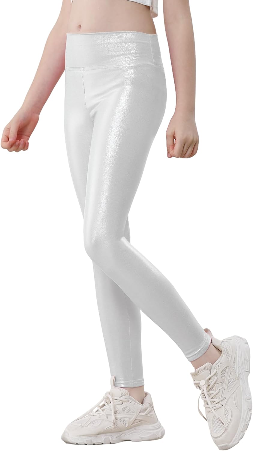 Girls Metallic Leggings High Waisted Sparkly Yoga Pants Shiny Running Dance Tights for Kids Youth Teen, 2 Pack Silver 6-7 Years