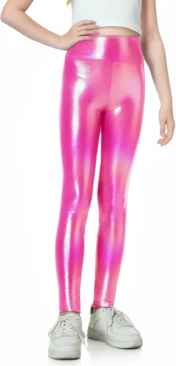 Girls Metallic Leggings High Waisted Kids Yoga Pants Stretch Shiny Running Dance Tights for Teen School Workout 6-7 Years Holographic Rose Red