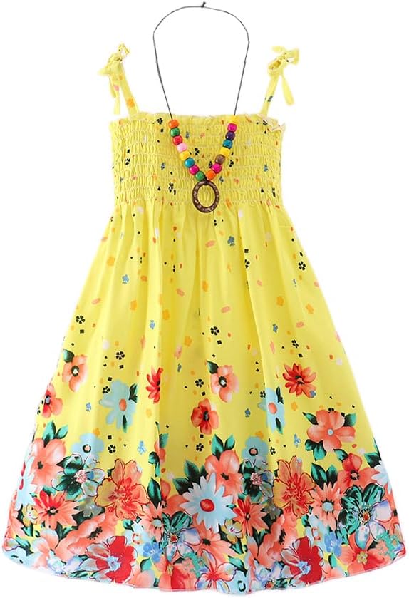 Girls Bohemian Dresses Floral Sleeveless Rainbow Beach Sundress with Necklace 2-12T 6-7 Years Flower Yellow
