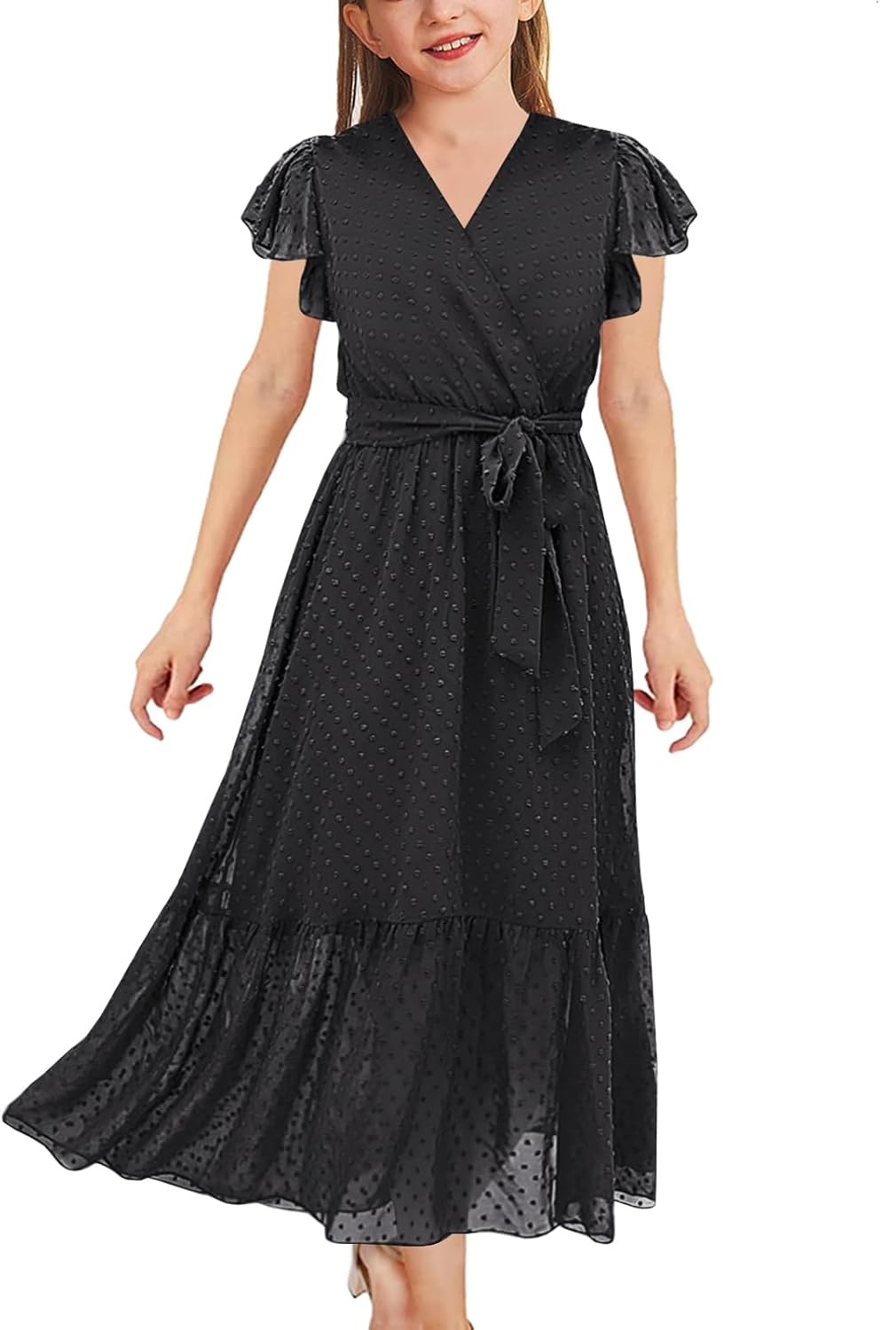 Girls Bohemian Dresses Flying Cap Sleeve V Neck Belt Calf Long Maxi Pleated Flowy Dresses for Girls 9-10 Years Black