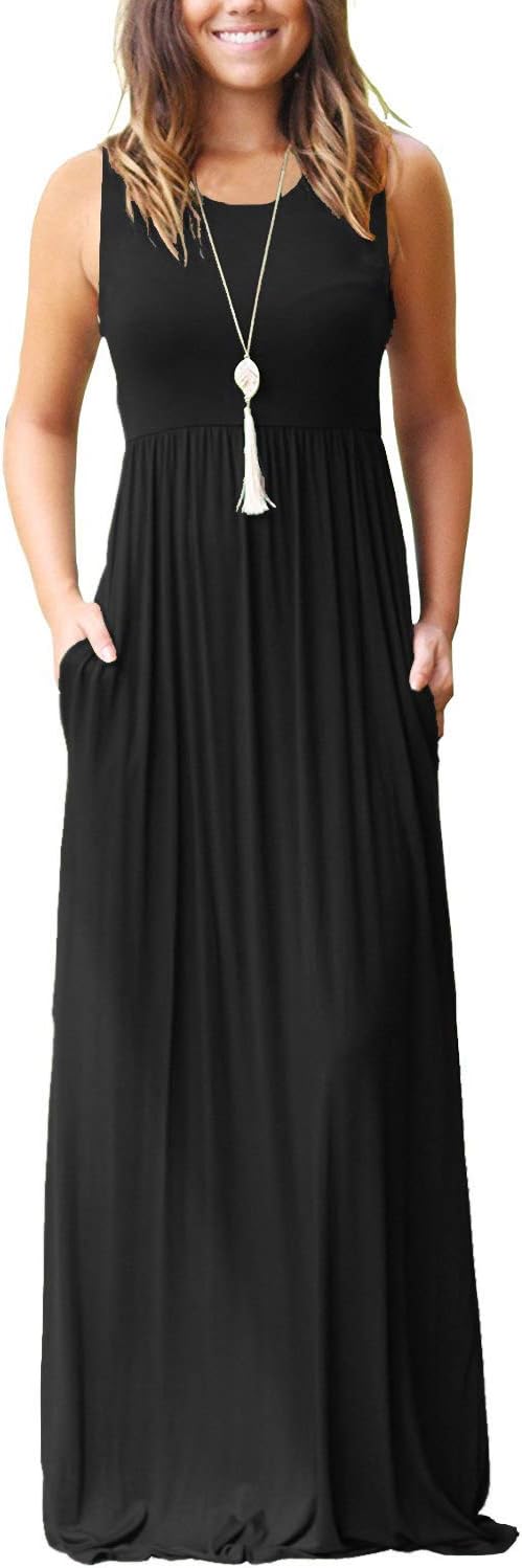 Women's Loose Plain Maxi Dresses Casual Long Dresses with Pockets Medium 00 Black