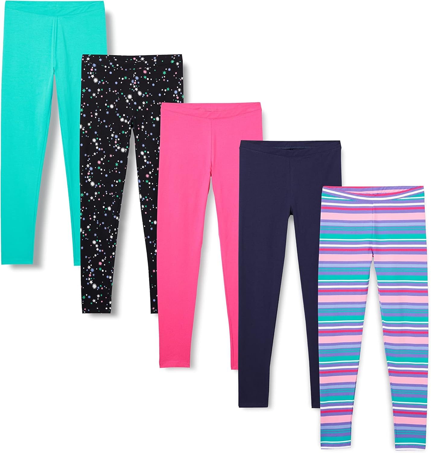 Girls and Toddlers' Leggings, Multipacks 5 Aqua Green/Black Stars/Navy/Pink/Stripe Medium