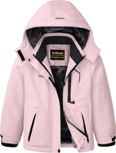 WICKHAM Girl's Waterproof Ski Jacket Winter Warm Fleece Lined Snow Windproof Jackets Removable Hood Ski Coat for Kids 10-12 Years Pink