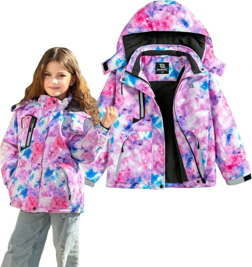 Girls Waterproof Ski Snow Jacket Fleece Raincoat Colorful Winter Coat Warm Hooded M-pink Purple Universe 10-12 Years