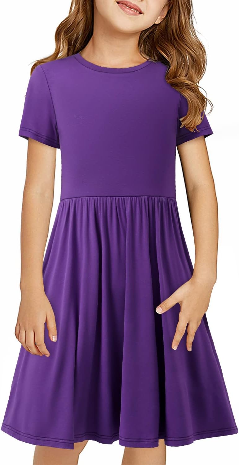 Girls Short Sleeve Dress Casual A Line Twirly Skater Dresses 4-13 Years 10-11 Years A Purple