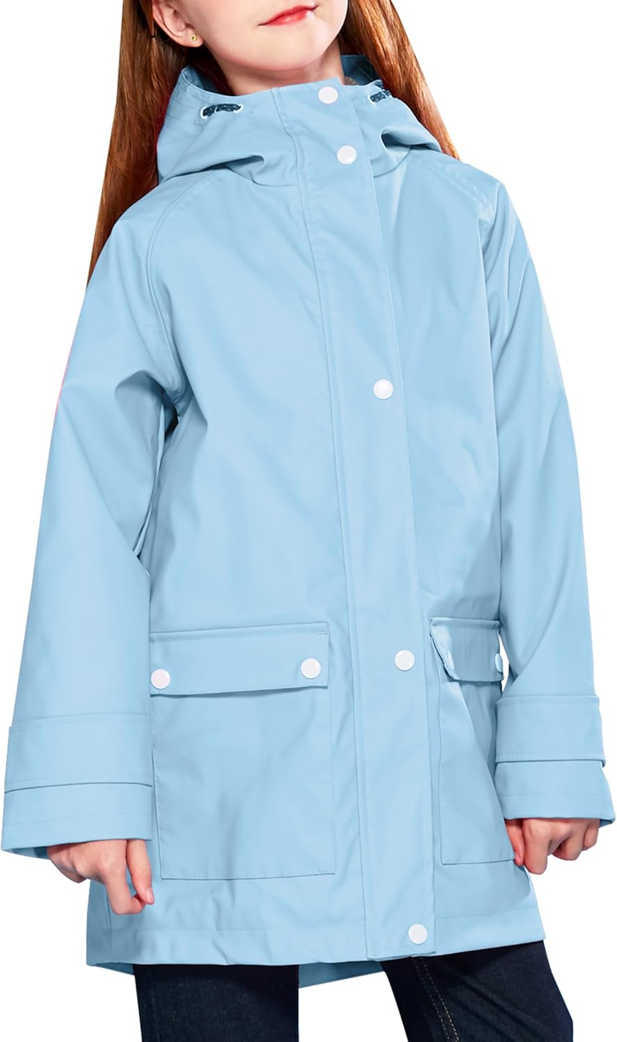 Girls Rain Jackets Kids Waterproof Raincoat Lightweight Floral Lining Spring Windbreaker 9-10 Years Light Blue