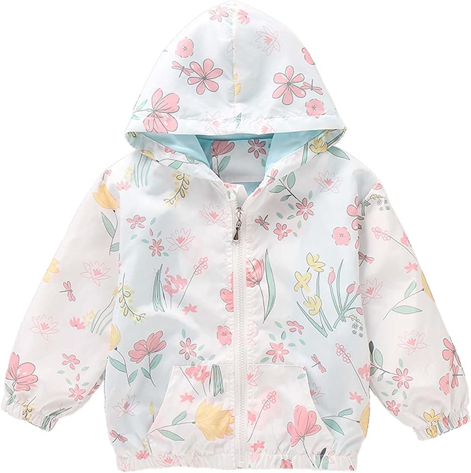 Girls Cartoon Unicorn Jackets Spring Zip Kids Hooded Flamingo Windbreaker for Toddler Pink Light Outwear 2-3T 3# Floral White