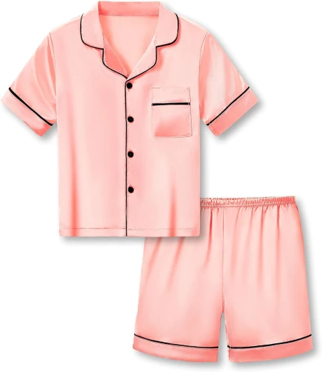 Little & Big Girls Pajama Set Size 6-16 -Pink/Blue/Turquoise/Peach Satin Silky Cute Summer Shorts Outfit Peach 6-7