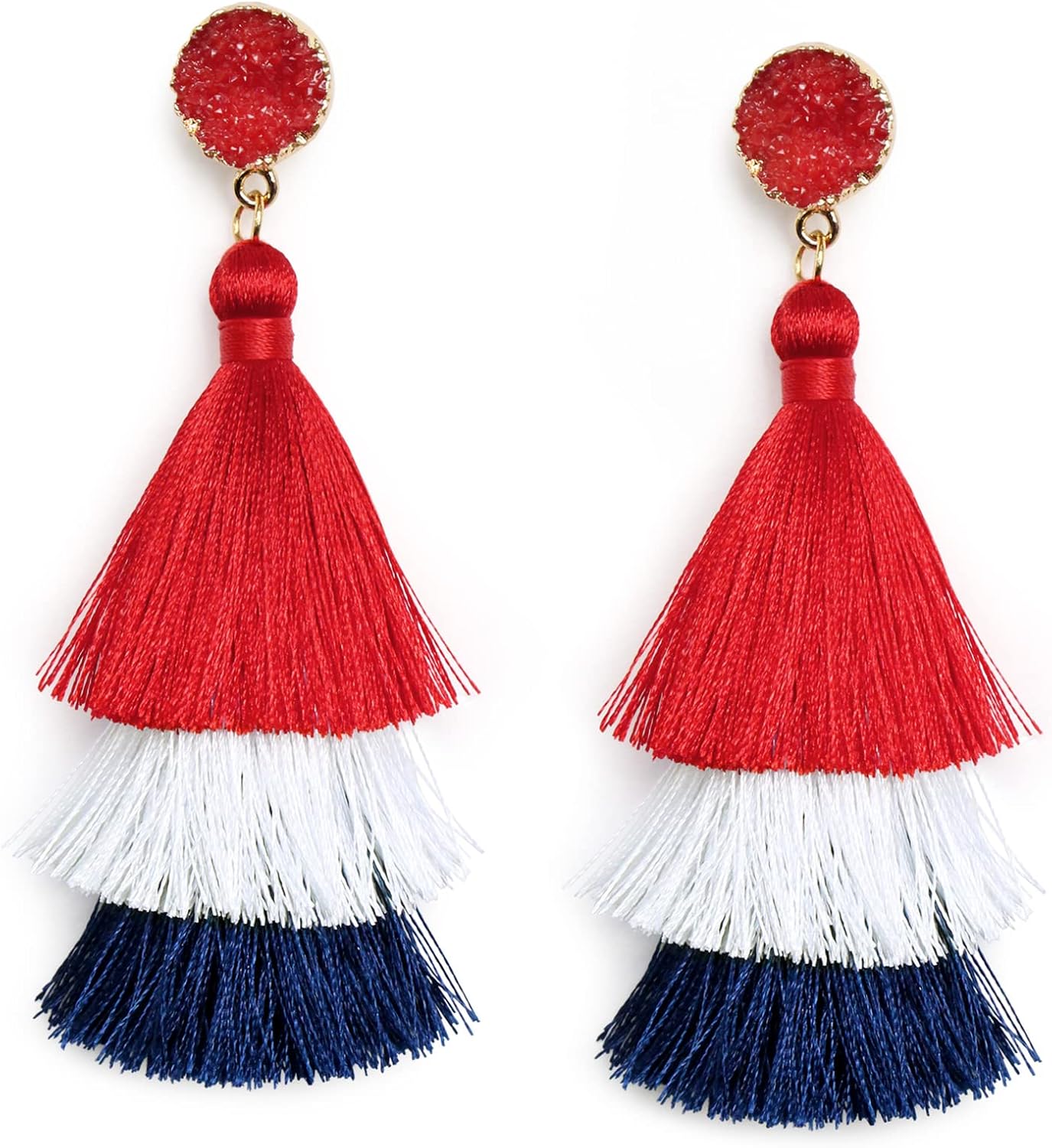 Me&Hz Colorful Layered Tassel Earrings Bohemian Statement Tiered Tassel Big Dangle Drop Earrings for Women Druzy Studs Christmas Mother's Day Gift Red, White and Blue