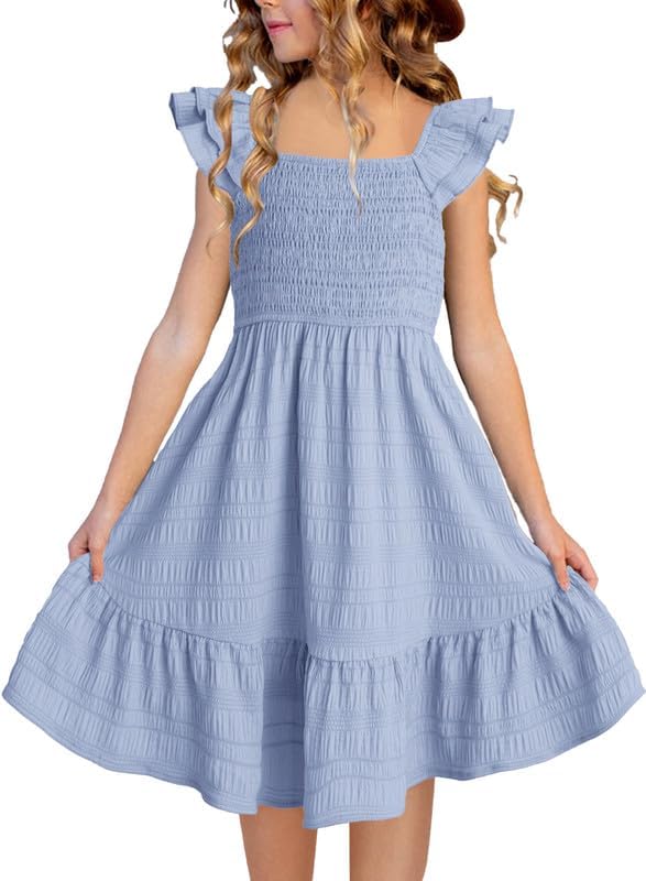 Girls Summer Dresses Cute Double Layer Ruffle Sleeve Smocked Flowy Dress 6-15 Years 8-9 Years Sky Blue
