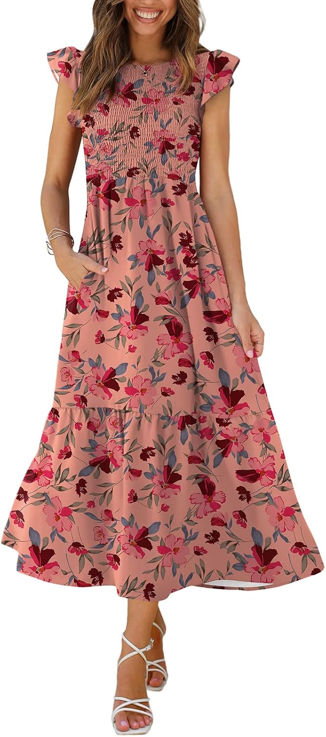 Women's Casual Maxi Dresses with Pockets Ruffle Sleeve Smocked Dress XS-2XL 16- Pink Floral X-Small