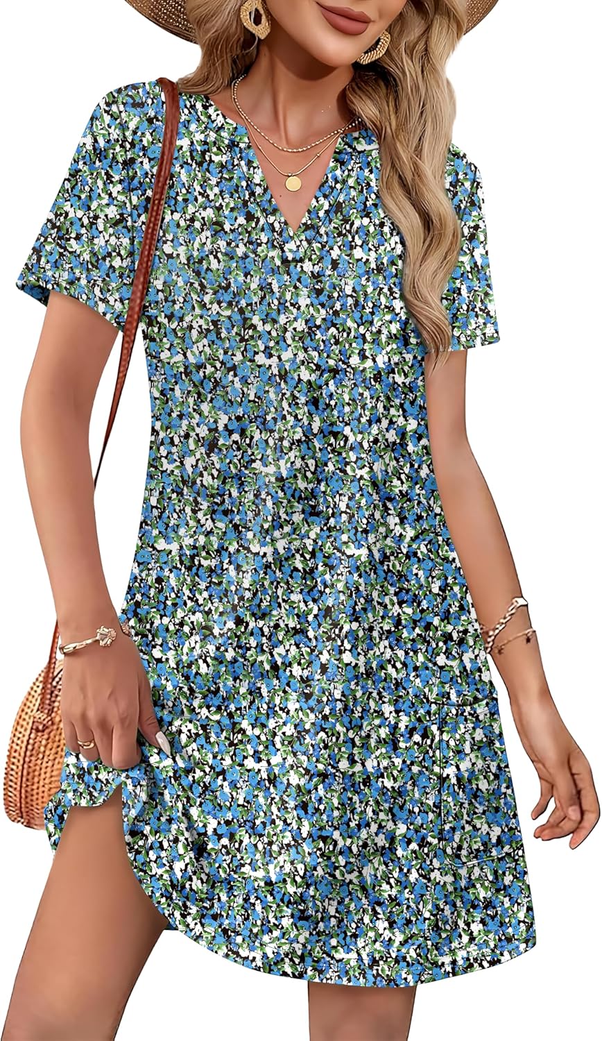 Dresses for Women 2025 Casual Summer V Neck Wedding Guest Dress Short Sleeve Fashion Beach Vacation Clothes 1-blue Floral Small