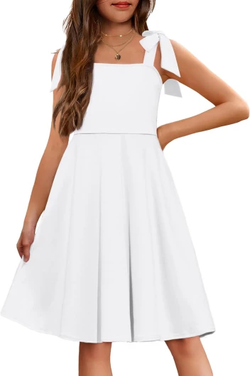 Girls Summer Dress Tie Strap Sleeveless Solid Color Square Neck Party Dresses 6-11 Y White 10-11 Years
