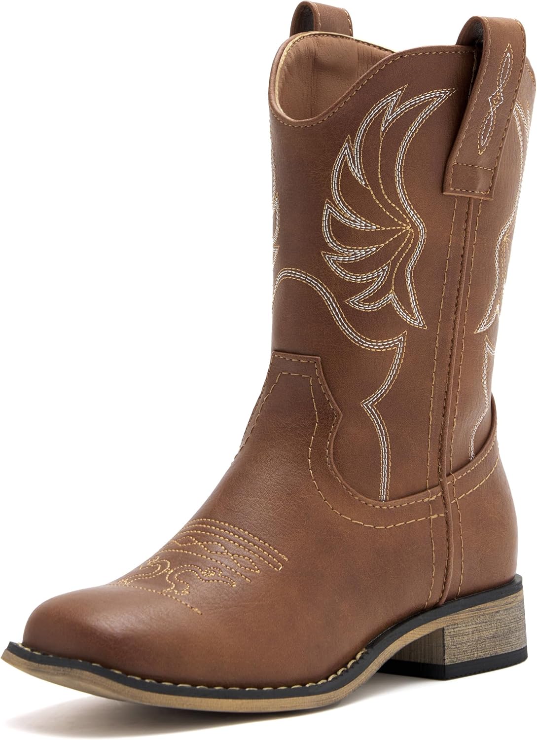 Kids Western Boots for Boys Girls Embroidered Cowgirl Cowboy Boots Square Toe Mid Calf Riding Shoes Little Kid/Big Kid 4 Big Kid All-brown