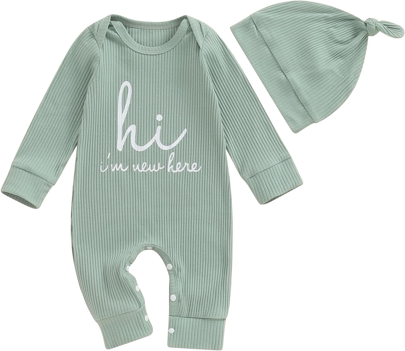Newborn Baby Boy Girl Clothes Hi I'm New Here Coming Home From Hospital Outfits Gender Neutral One Piece Romper 0-3 Months Green