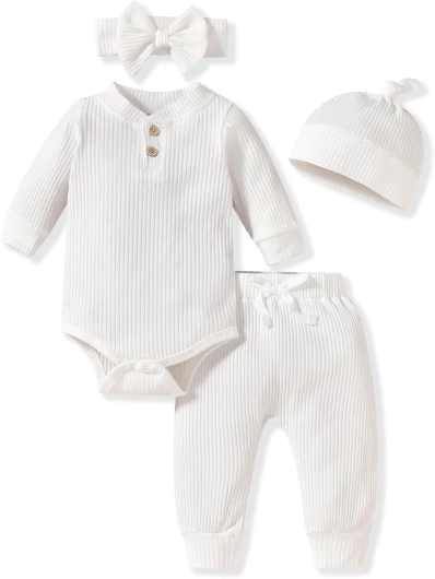 Gender Neutral Long Sleeve Baby Ribbed Outfit with Hat & Headband White Newborn