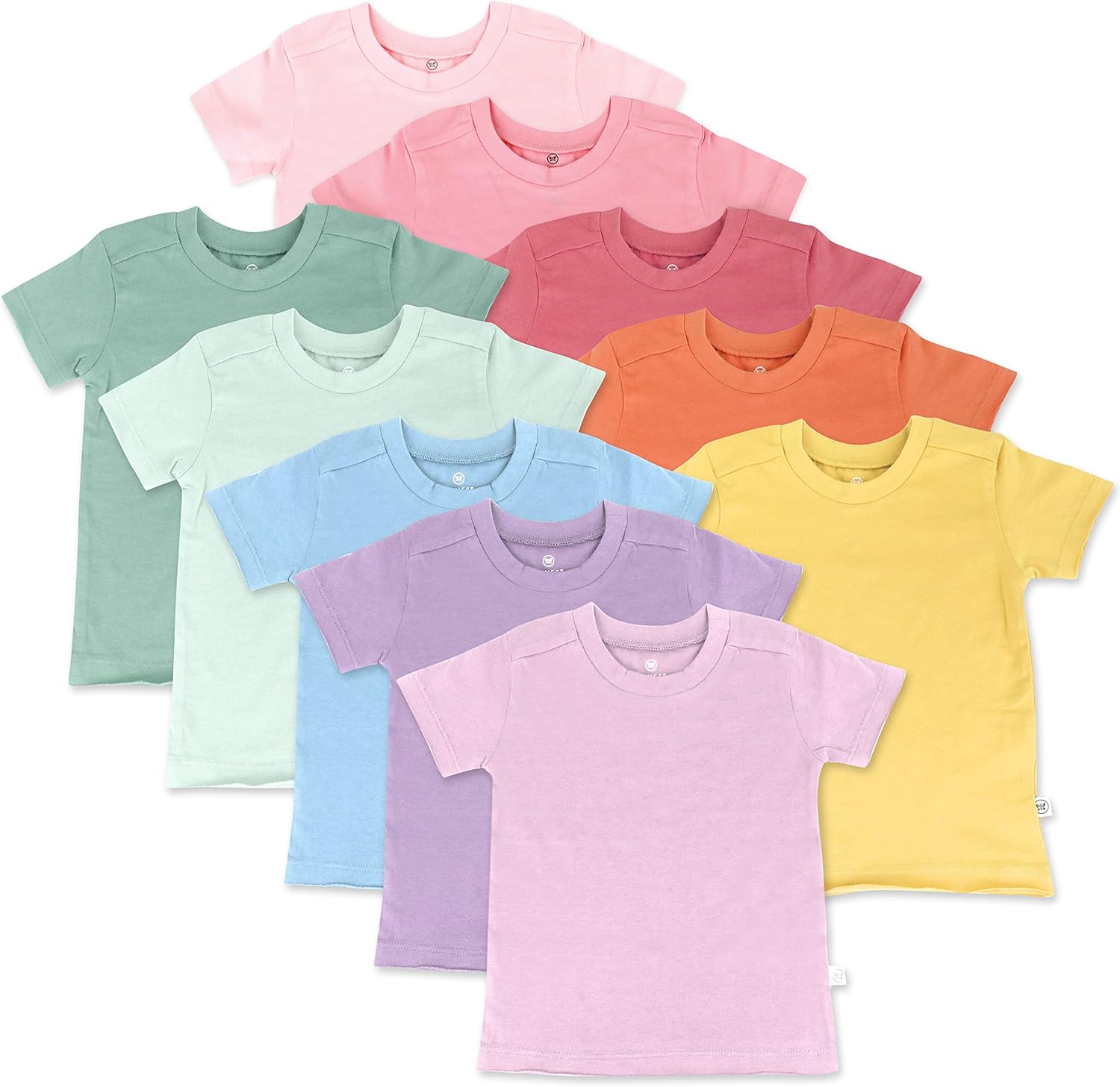 10-Pack Short Sleeve T-shirts 100% Organic Cotton Baby, Toddler, Little Kids, Boys, Girls, Unisex 12 Months Rainbow Gems Pinks 10