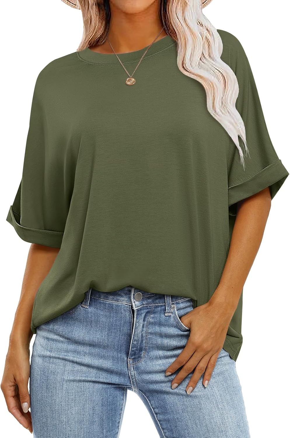 Womens Tops Oversized T Shirts Short Sleeve Crewneck Summer Casual Loose Basic Tee Shirt 2025 Trendy Fashion Clothes Olive Green Medium