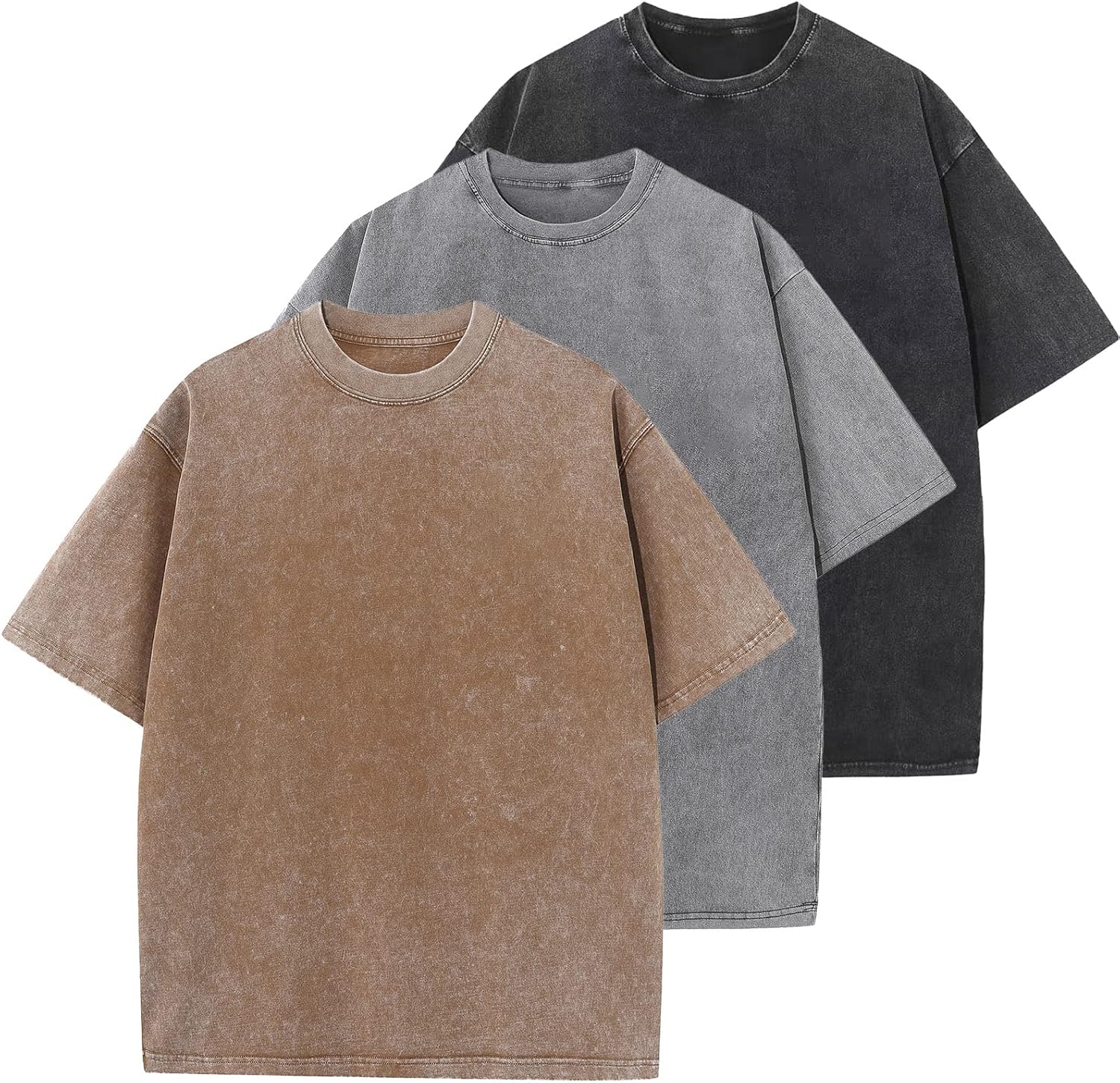 Men's Cotton T-Shirts Oversized Unisex Short Sleeves Casual Loose Wash Solid Basic Tee Tops X-Large A-coffee+grey+black