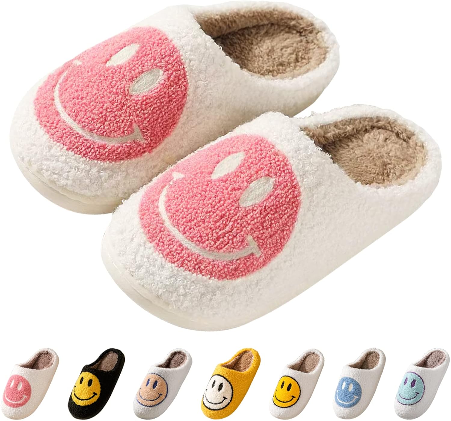Smile Face Slippers for Women Happy face slippers Retro Soft Plush Warm Slip-on Slippers Cozy Indoor Outdoor Womens Slippers 9-10 Women/8-9 Men Pink