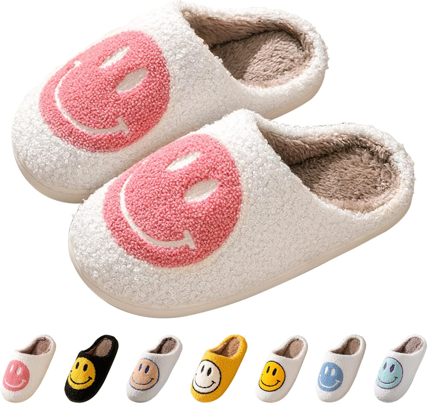 Smile Face Slippers for Women - Soft Plush Retro Preppy Slip-on Comfortable Indoor/Outdoor Shoes 7-8 Women/6-7 Men Pink