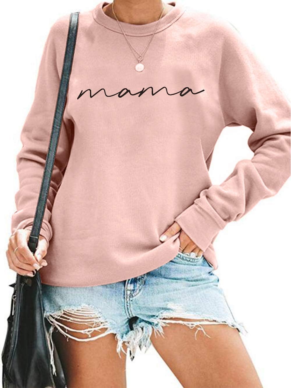 Womens Crewneck Sweatshirt Mama Letter Print Long Sleeve Loose Fashion Pullover Top Small A pink, Sweatshirt