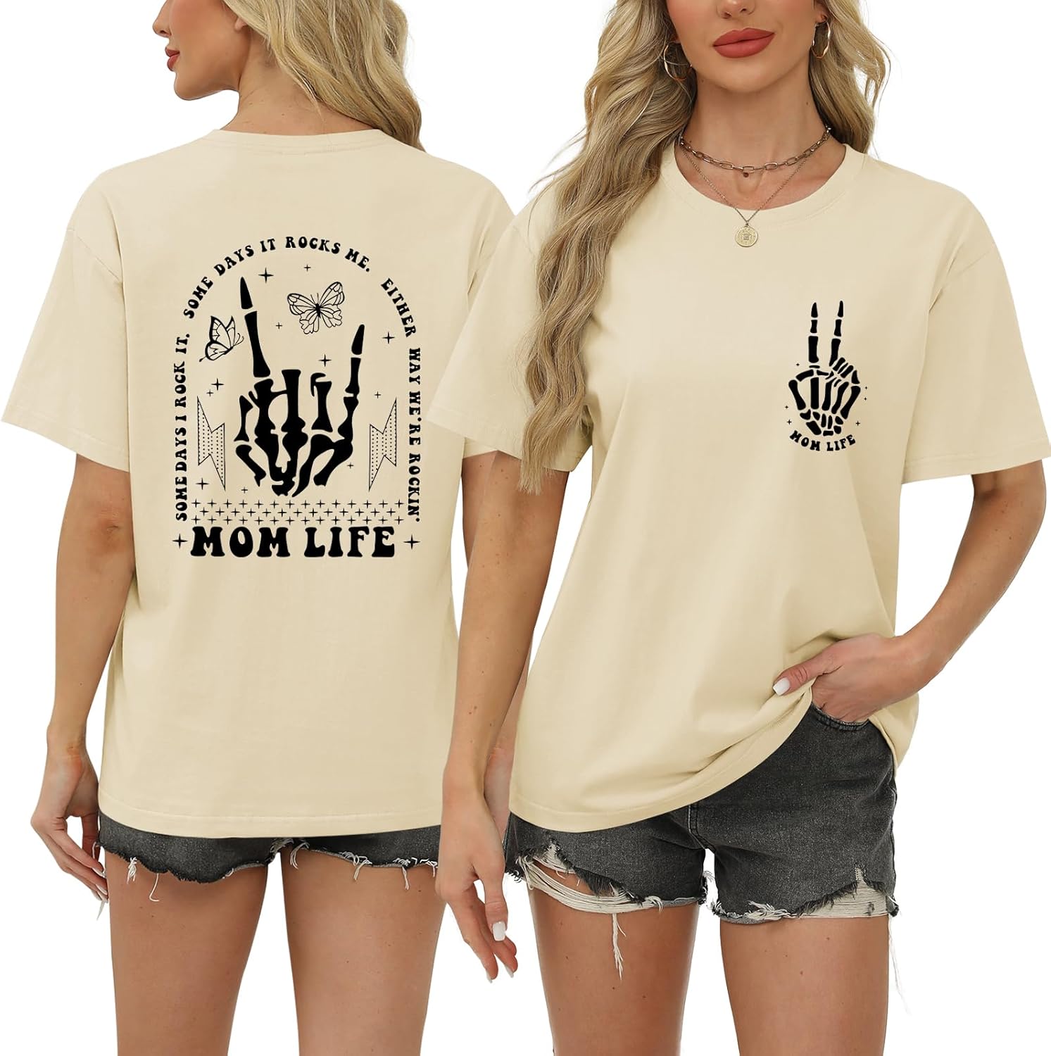 Mom Life Shirts for Women Funny Oversized Mama Tshirt Skeleton Graphic Tees Vintage Casual Short Sleeve T-Shirts Tops Medium Apricot
