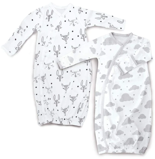 100% Organic Kimono Gowns - Side Snaps with Built in Mitts - (0-6 Months, White and Grey Clouds and Animals Patterns) White and Grey 0-6 Months