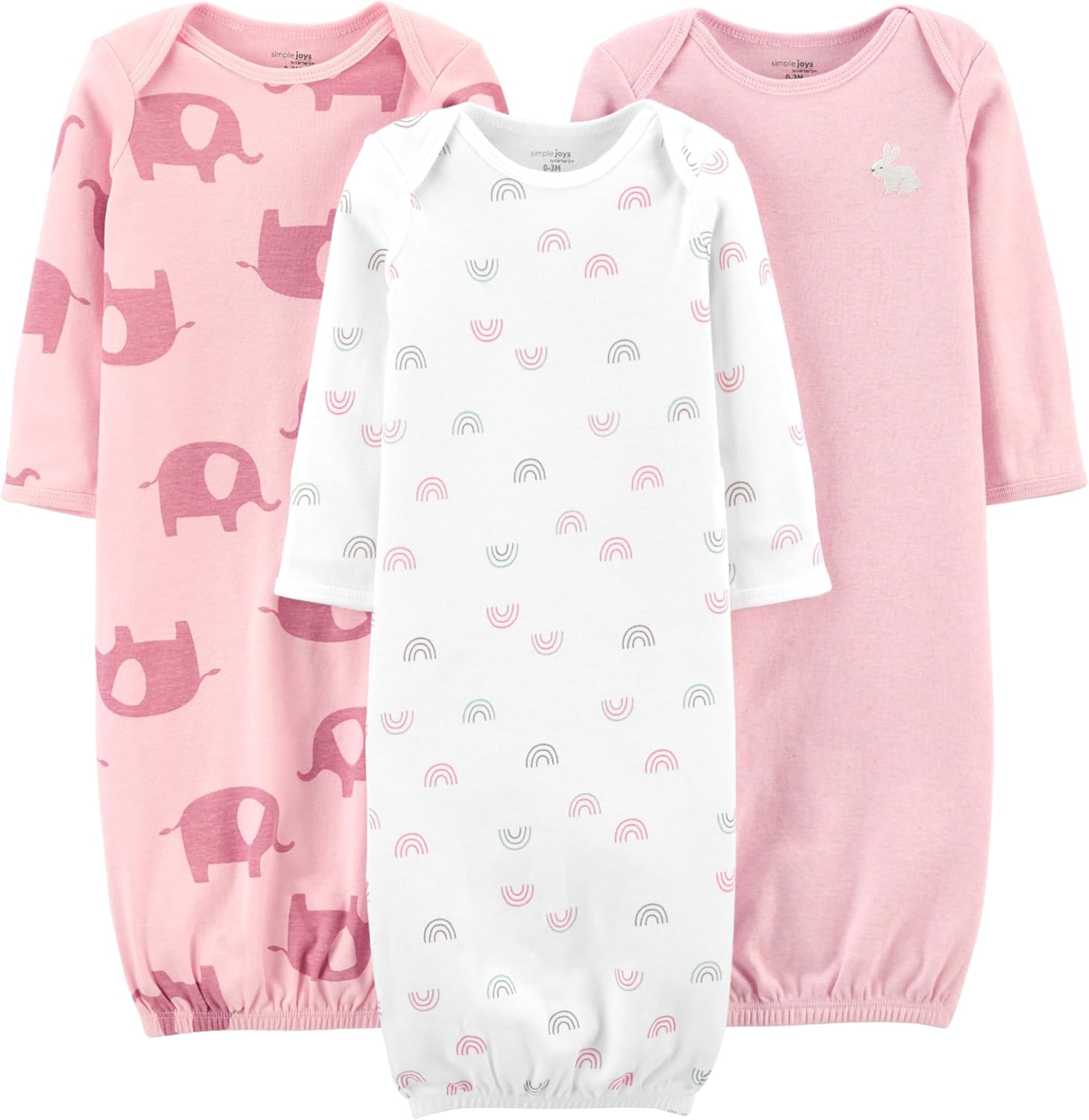 Simple Joys by Carter's Baby Girls' 3-Pack Cotton Sleeper Gown 0-3 Months Light Pink Bunny/White Rainbow/Elephants