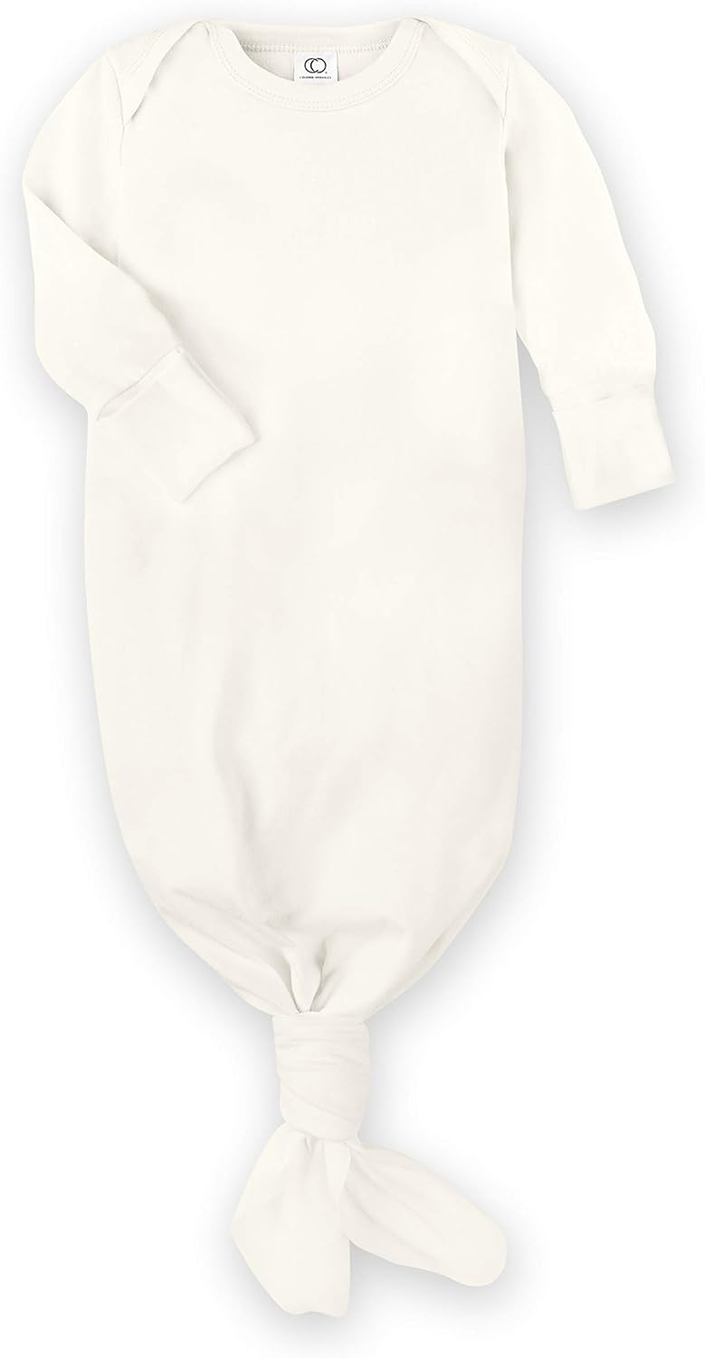Baby 100% Organic Cotton Newborn Knotted Gown - Infant Indy Kimono Wrap Front Tie Knot with Mitten Cuffs Newborn Natural
