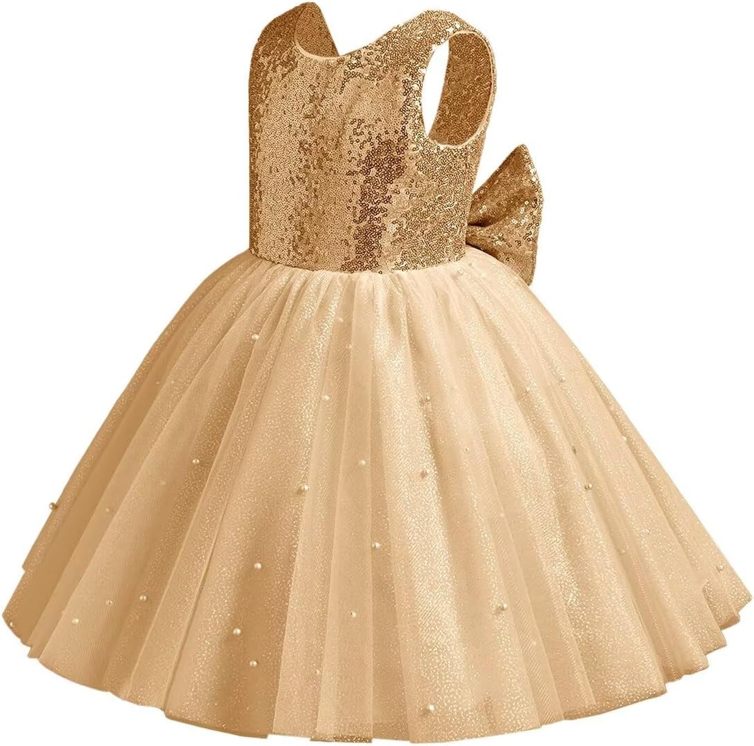 Sparkle Sequin Tulle Flower Girl Dress for Wedding Kids Princess Pageant Dress Pearls Bow Prom Ball Gowns Tutu Dress Gold 6